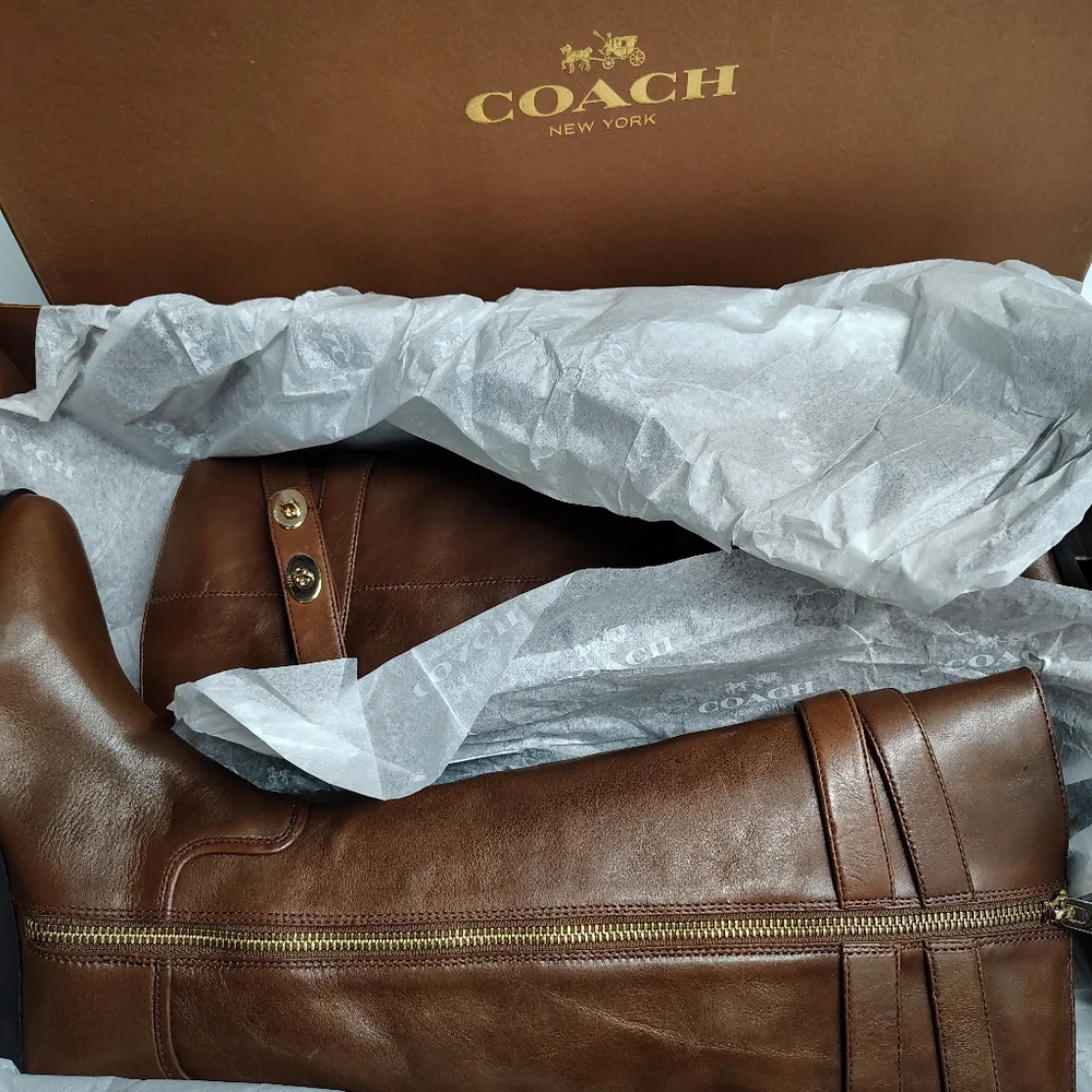 Coach Linette Riding Boots Cognac Calf Leather Tall Boots Size 5M NIB